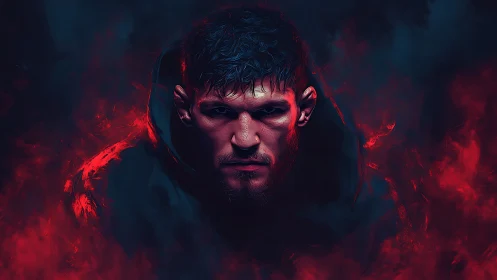 Intense hooded fighter portrait in red and blue smoke.