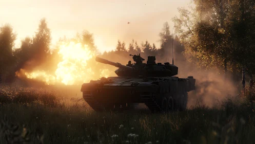 Sunset-lit tank emerging through smoke and forest glow.