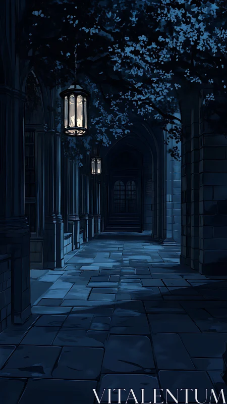 Nocturnal cloister corridor rendered in moody digital chiaroscuro