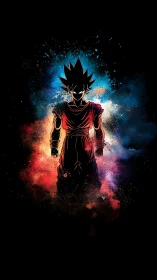Silhouetted warrior stands amid explosive cosmic energy.