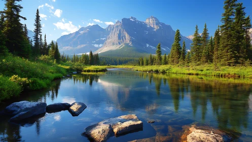 Alpine river plain with conifer forest and craggy granite massif
