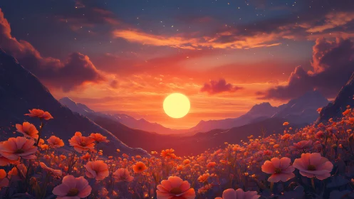 Radiant sunset over dreamlike wildflower mountain valley.
