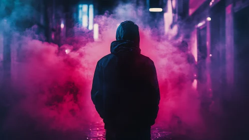 Solitary hooded figure enters neon mist in cyber-lit alleyway