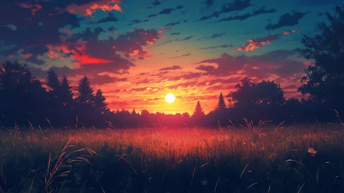 Digital landscape shows low sun over treeline and grassy field