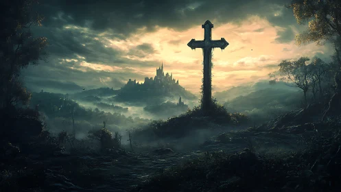 Cross dominates misty valley landscape facing distant castle