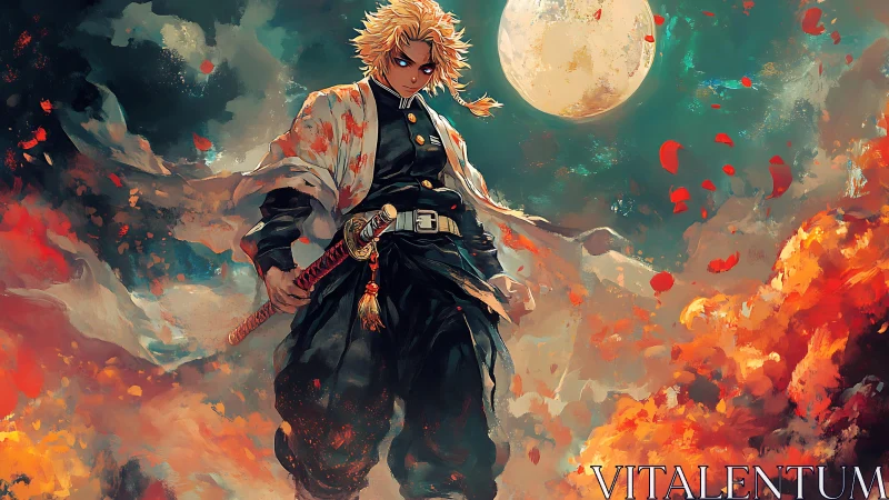 Moonlit flame warrior poised amid swirling embers of night.