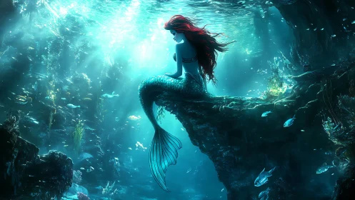 Mermaid figure on rock ledge in illuminated seafloor scene.