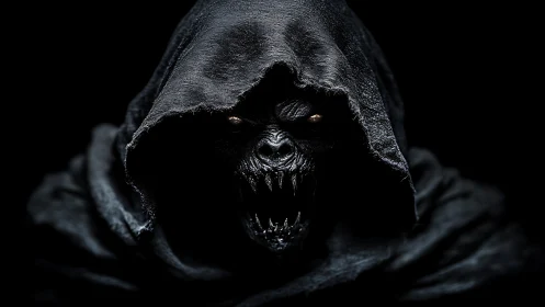 Hooded skeletal creature portrait in low key lighting.