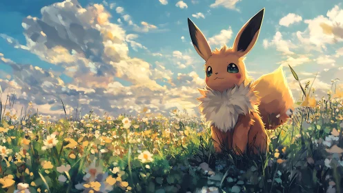 Sunlit foxlike creature enjoys a dreamy meadow of flowers
