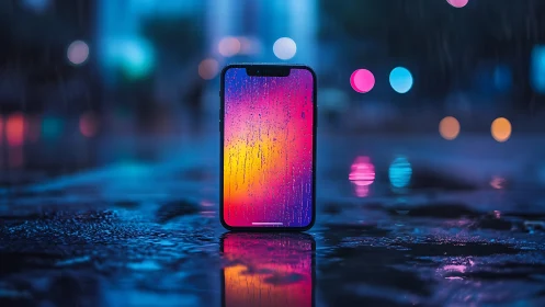 Smartphone standing in wet street with neon city lights.