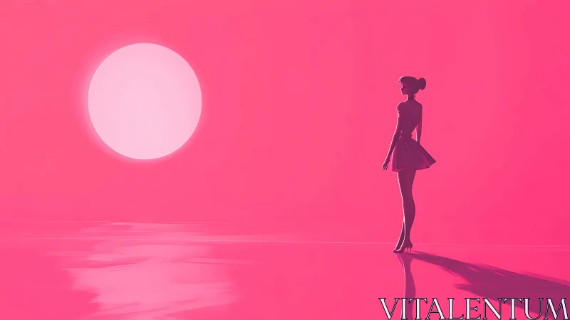 Silhouetted girl observes oversized sun in neon pink void