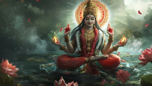 Divine goddess meditates over lotus lake in radiant light.