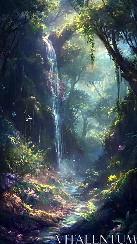 Enchanted Forest Waterfall with Luminous Canopy.