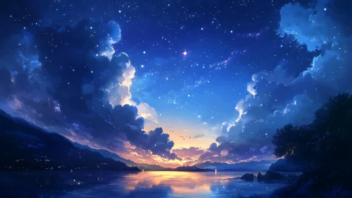 Twilight sky stitches sunset and starlight above quiet water