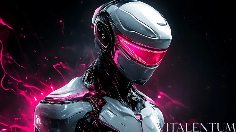 Neon-infused cybernetic sentry with emissive magenta visor field.