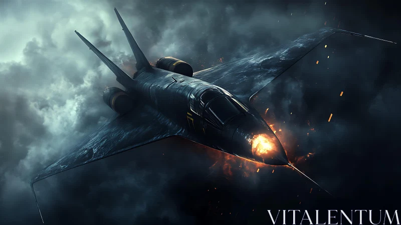 Futuristic jet aircraft crosses turbulent, illuminated clouds