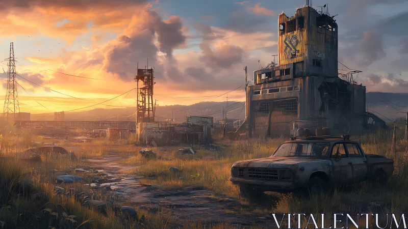Deserted industrial outpost under burning sunset sky.