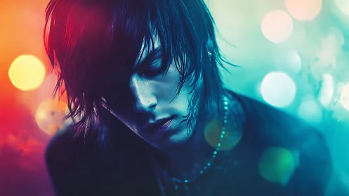 Neon twilight leans over a pensive face lost in color