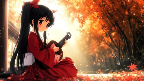 Girl in red kimono holds instrument amid autumn foliage