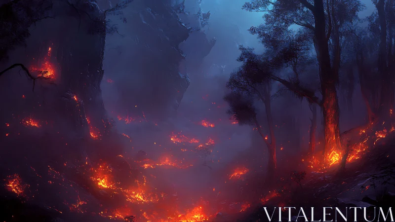Forest Consumed by Intense Wildfire at Night