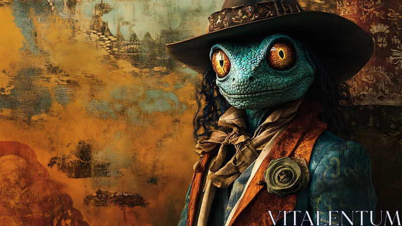 Dapper blue lizard gentleman stands amid rustic fantasy hues