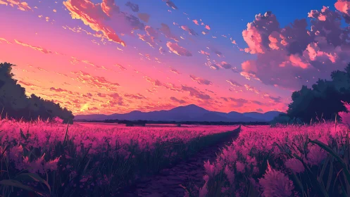 Sunset paints a pink wildflower field beneath glowing clouds.