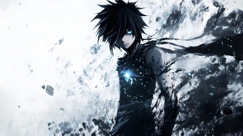 Dark anime warrior with glowing chest light in stormy void.