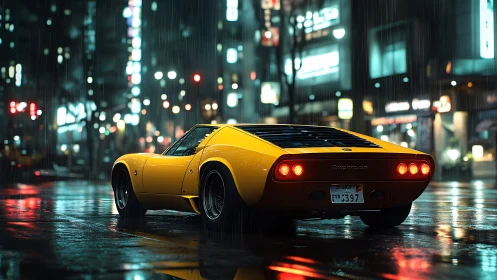 Yellow classic supercar in neon city rain, rear perspective.