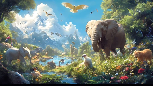 Diverse wildlife group in lush valley below snow mountains.