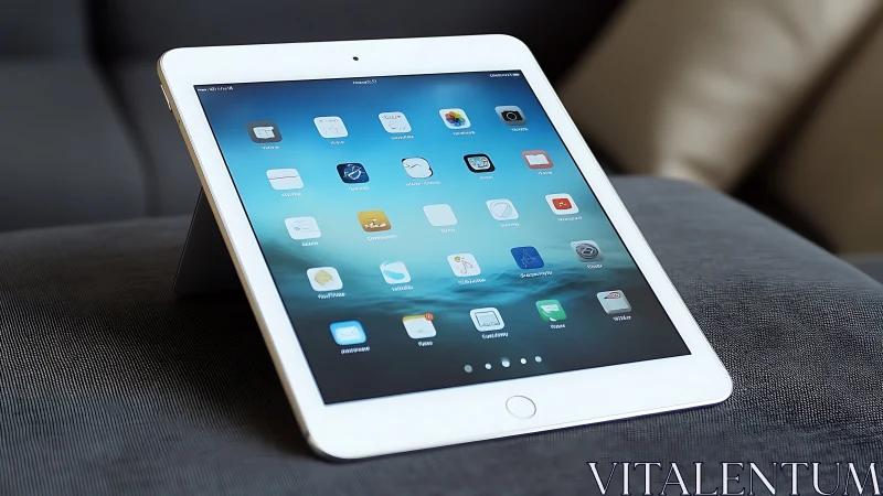 White iPad displaying app icons on textile surface.