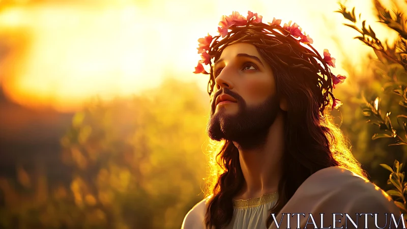 Radiant bearded figure with floral crown in golden sunset.