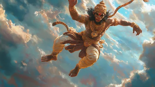 Hanuman soars through luminous clouds in divine armor.
