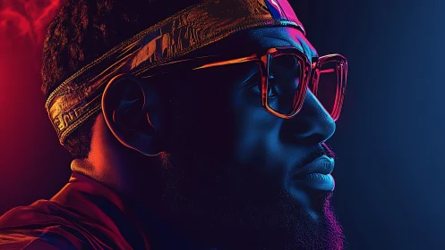 Neon-lit profile portrait under bold red and blue contrast.