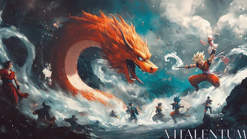 Dynamic anime battle tableau with elemental dragon centerpiece.