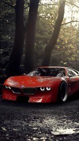 Scarlet forest prowler coupe idles in misted twilight hush.