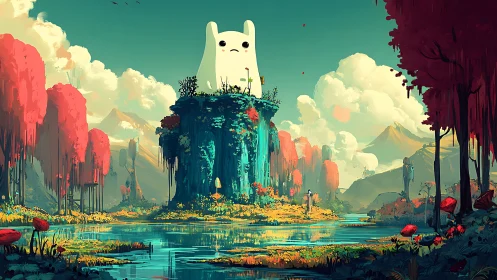 Gentle colossus guardian atop a candy-colored forest isle.