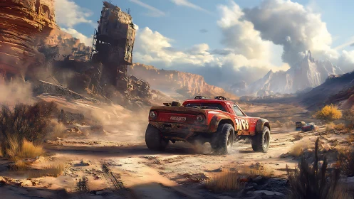 Dusty desert racers charge toward towering canyon ruins