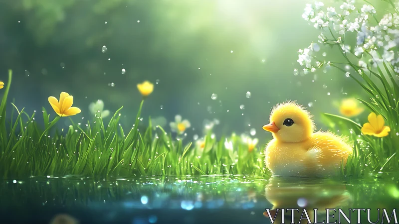 Sunlit duckling in dewy spring pond with shallow depth-of-field