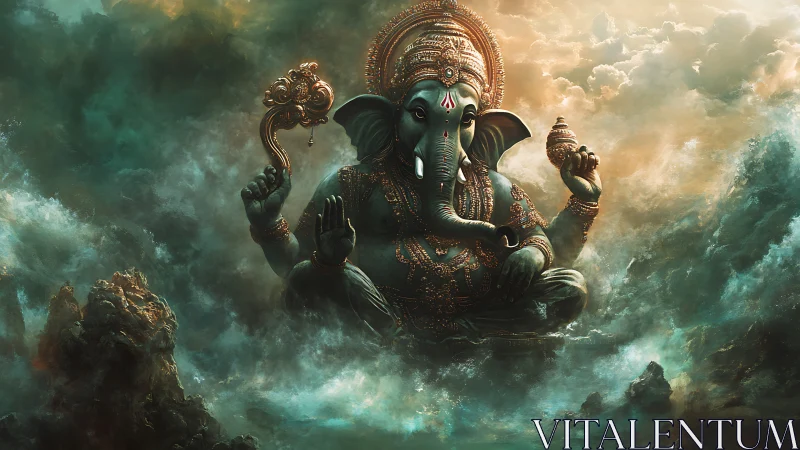 Digital painting of divine Ganesha amid stormlit celestial clouds.