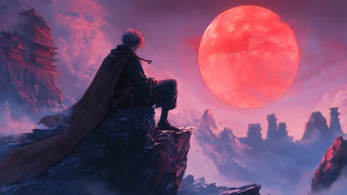 Solitary cloaked warrior overlooking colossal crimson moon
