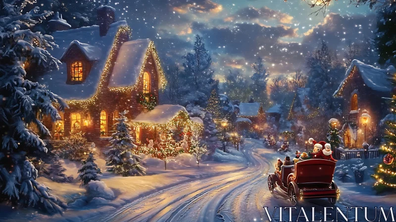 Snowy Christmas village glows under festive carriage lights.