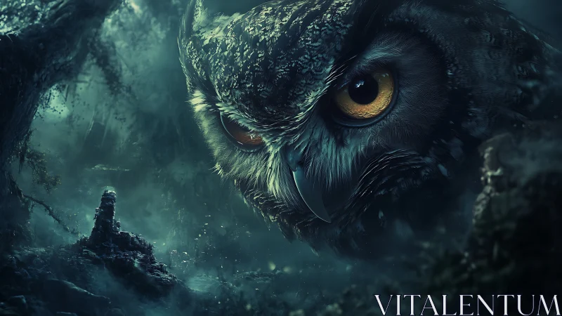 Colossal spectral owl dominates a mist-laden twilight forest
