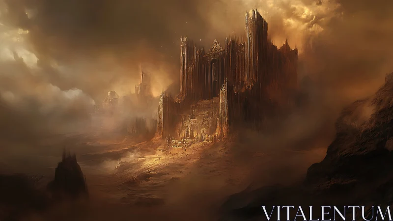 Storm-lit citadel of rusted spires holds the desert sky
