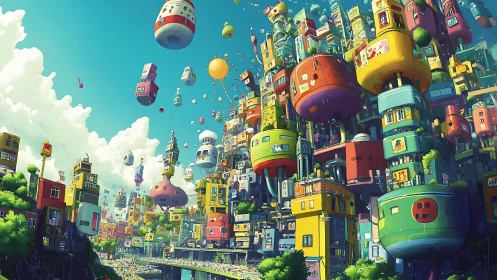 Skybound toybox metropolis drifting above sunlit streets.