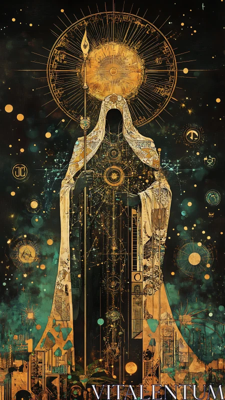 Digital painting of astral hierophant with radiant halo geometry.