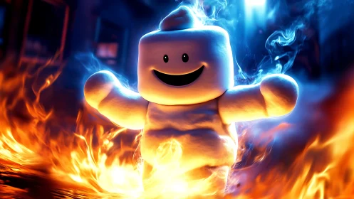 Smiling marshmallow mascot strides through cinematic flames.