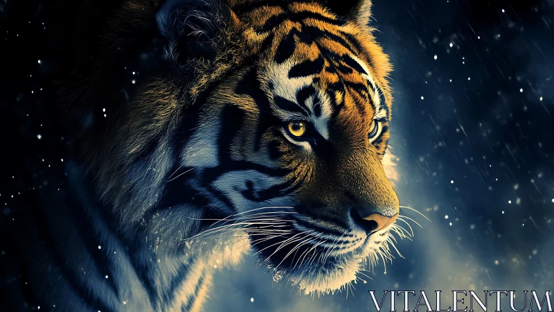 Stormlit tiger gaze slices through the falling night snow
