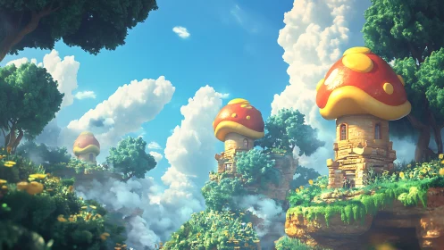 Whimsical mushroom houses rise above lush floating cliffs