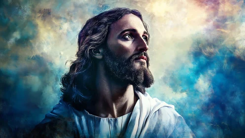 Digital portrait of serene bearded man against radiant sky.