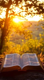 Open Bible illuminated by golden sunset in shallow depth of field